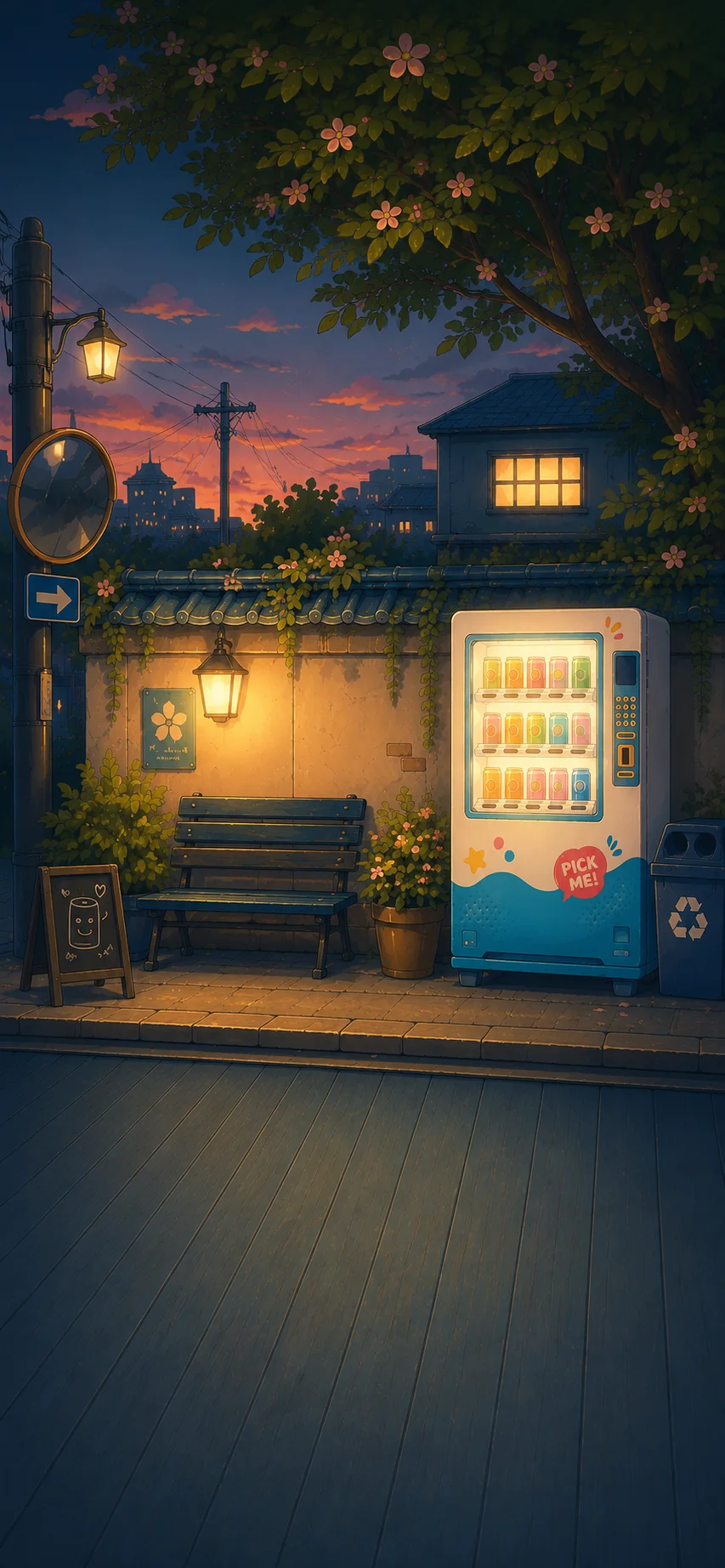 A peaceful Japanese alley at blue hour with a glowing VendiMachi machine