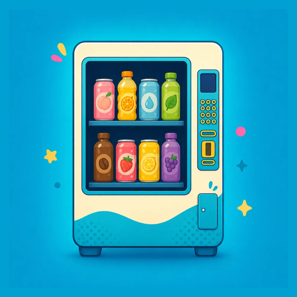 VendiMachi app icon showing a Japanese vending machine filled with colorful drinks