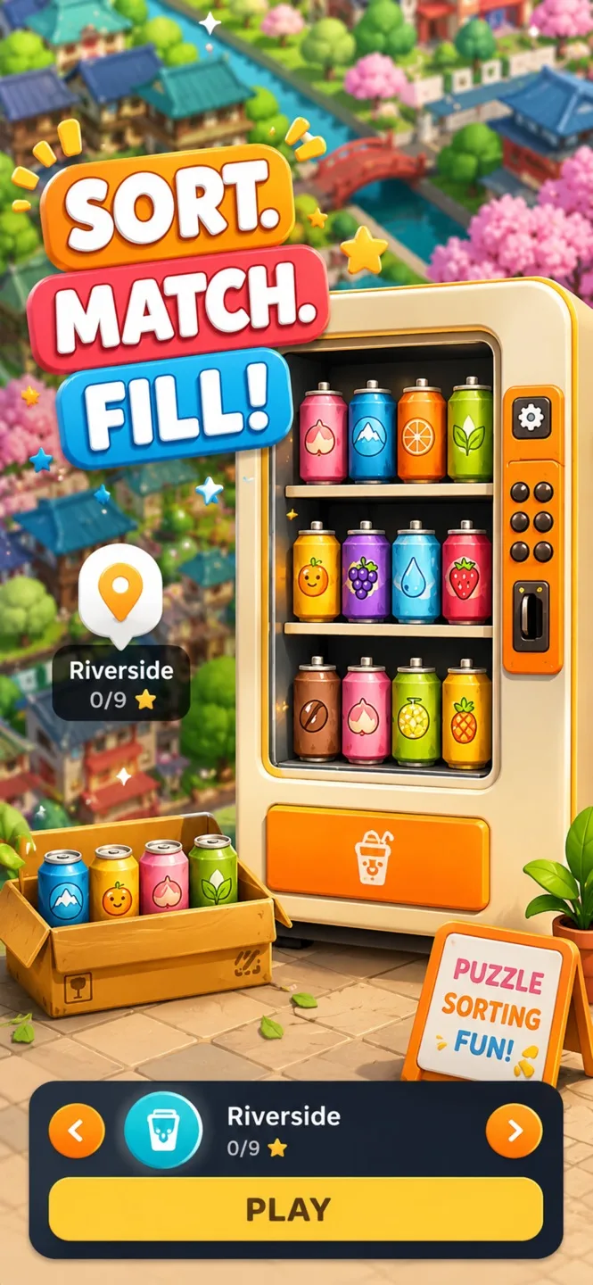 VendiMachi App Store screenshot showing the sort, match, and fill gameplay