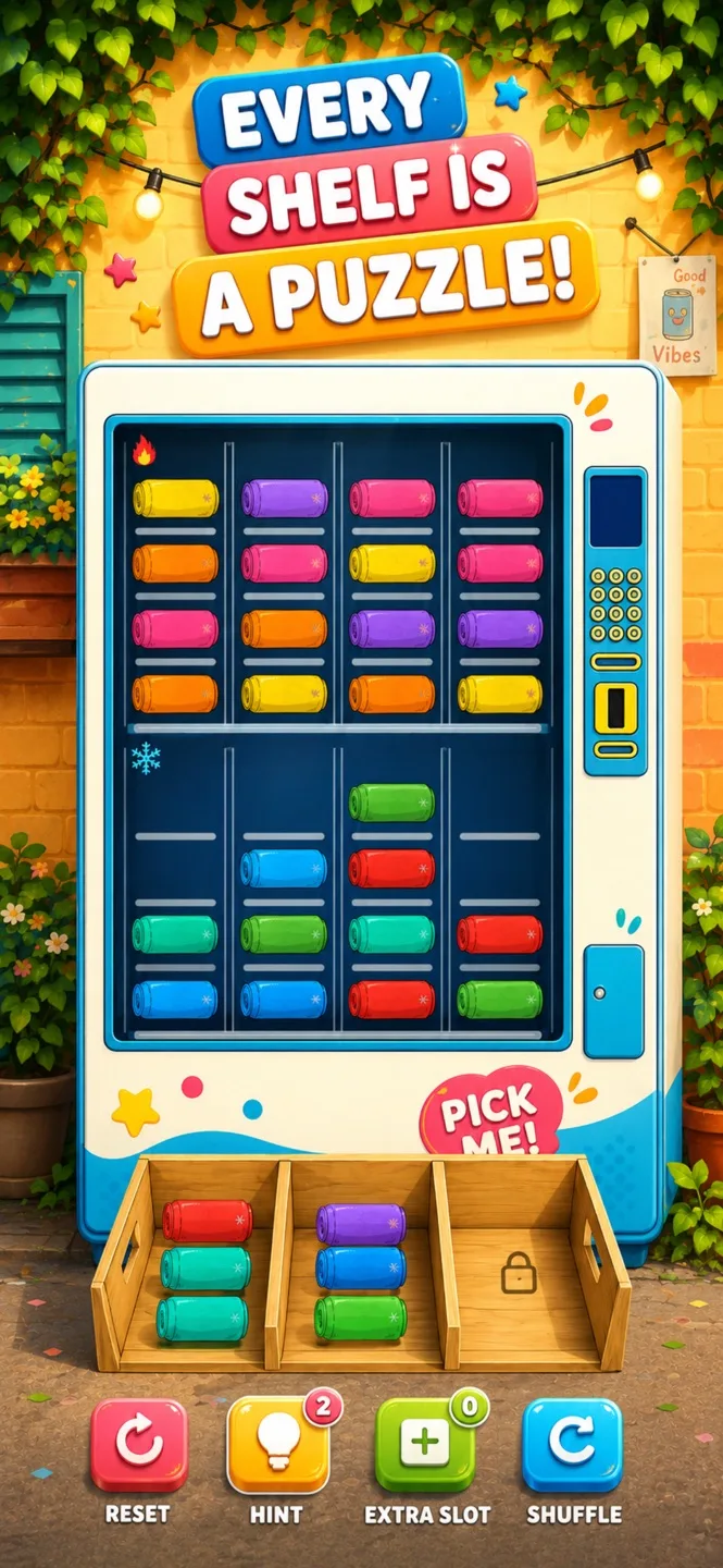 VendiMachi App Store screenshot showing an advanced hot and cold shelf puzzle
